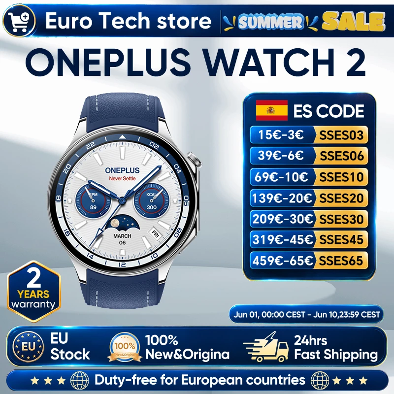 OnePlus Watch 2 1.43'' AMOLED Screen 500mAh Battery 100+ Sport Modes 2GB+32GB 46mm WiFi GPS IP68 Google Pay