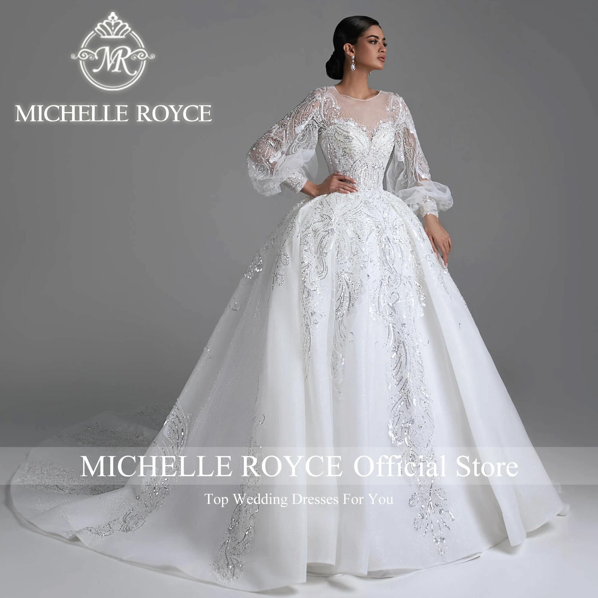 Michelle Royce Ball Gown Wedding Dresses For Woman Puff Sleeve Invisible Neckline Sequined Wedding Gown Vestidos De Novia