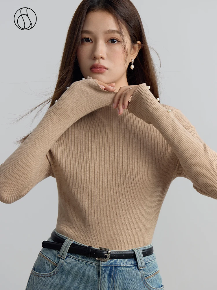 DUSHU 7.1% Wool Gentle Temperament Half Turtleneck Bottoming Shirt Slim Winter Women Black Sweater Cuff Pearl Design Elegant Top