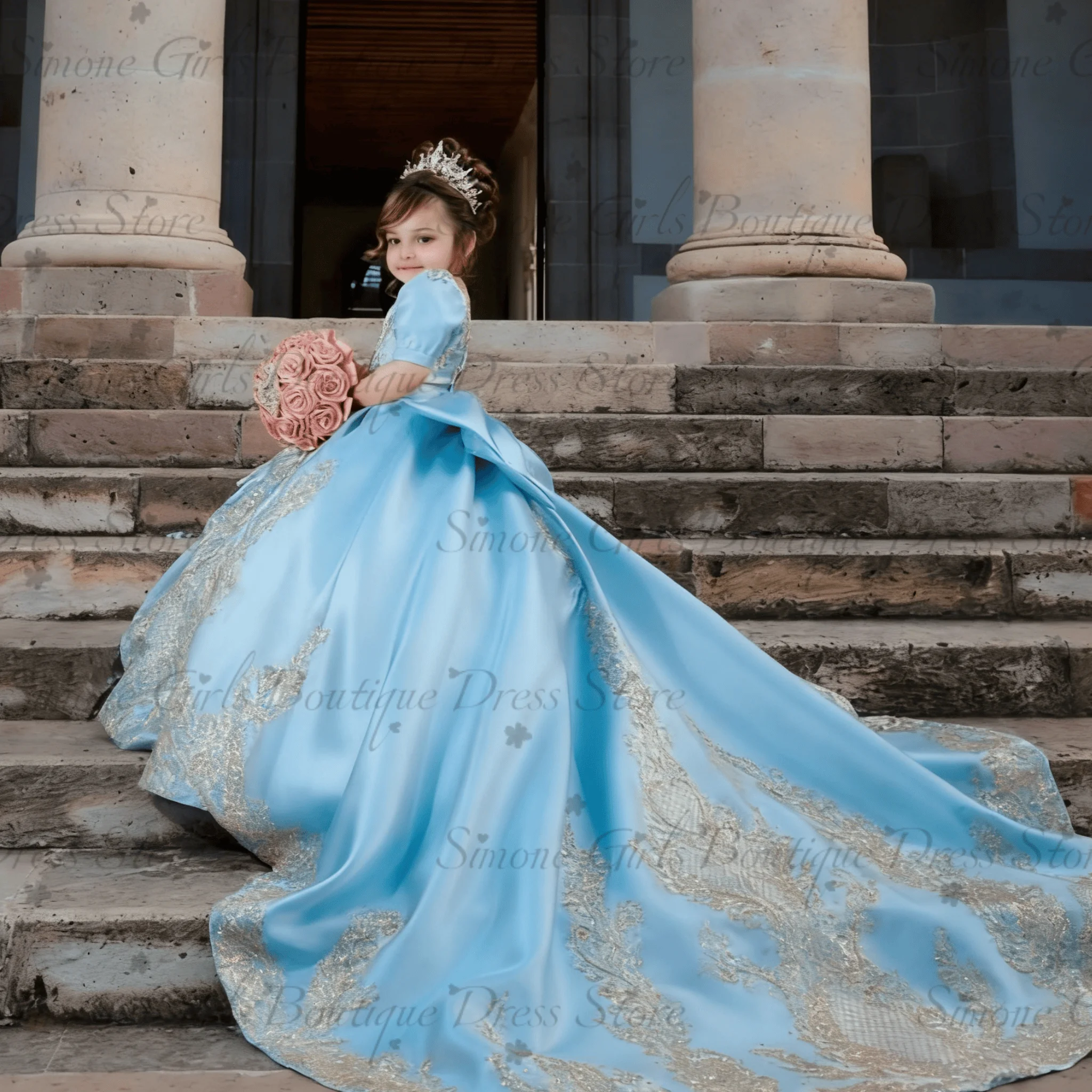 Customized Luxurious Fluffy Flower Girl Dress With Gold Lace Appliqué Satin Long Train Bow Wedding Children's Party Dress
