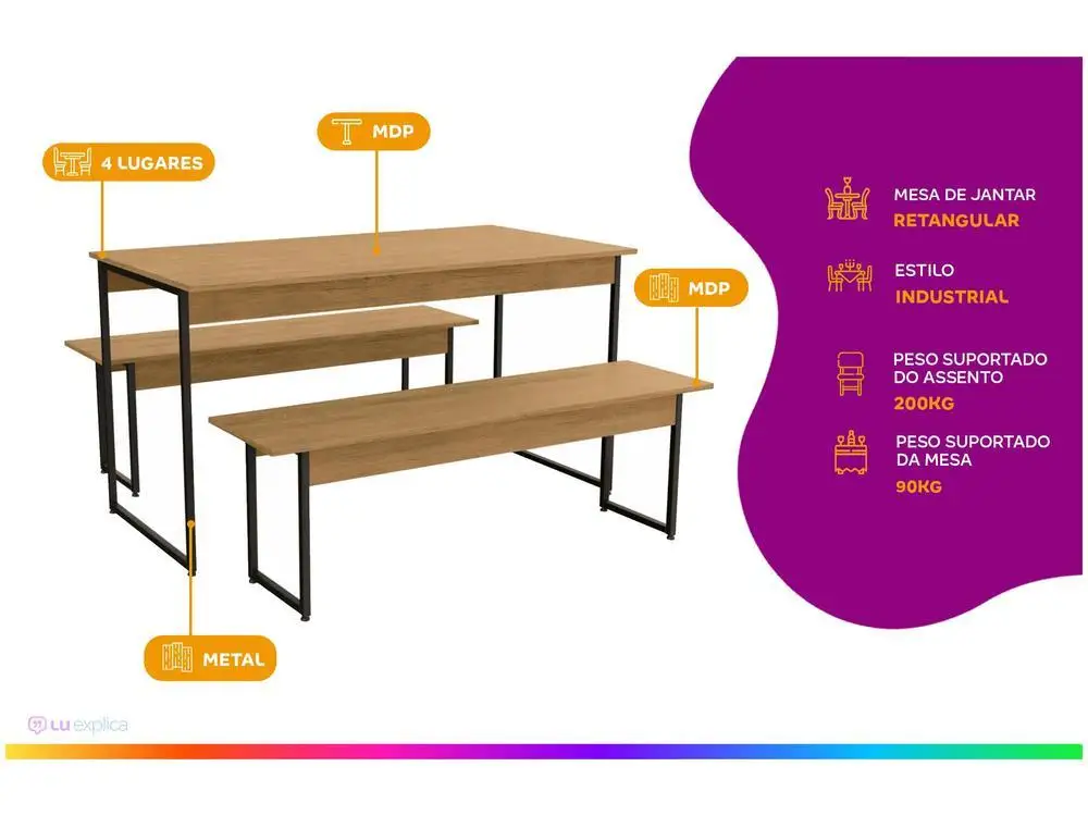 Mesa de Jantar 2 Bancos 4 Lugares Retangular