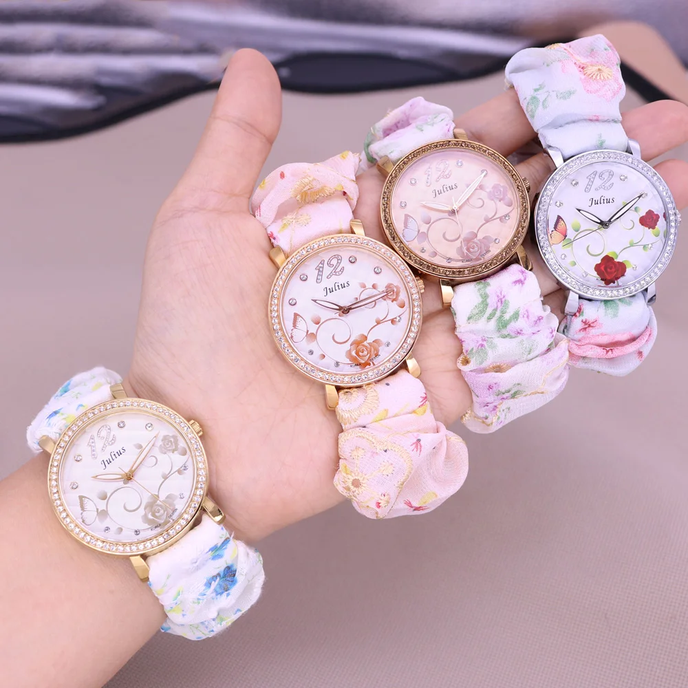 

Японские кварцевые женские часы с цветком розы, элегантные решетчатые модные часовые браслеты, эластичный ремешок для часов, подарок для девочек Julius без коробки