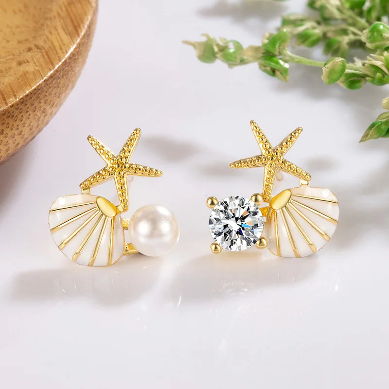 Cute Small Starfish Shell Stud Earrings for Women Asymmetric Rhinestones Imiation Pearl Charms Earrings Trendy Sweet Jewelry