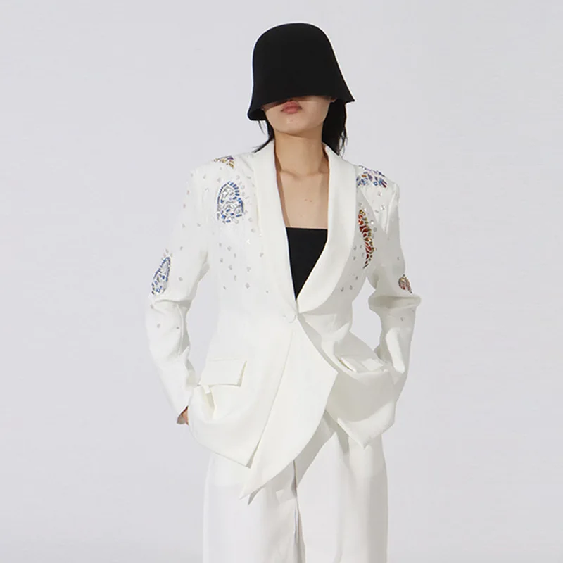 French Style Elegant Commuter Jackets Fashion Beaded Diamond Versatile Single Button Slim Fit Blazer Coats for Women 2025 Autumn