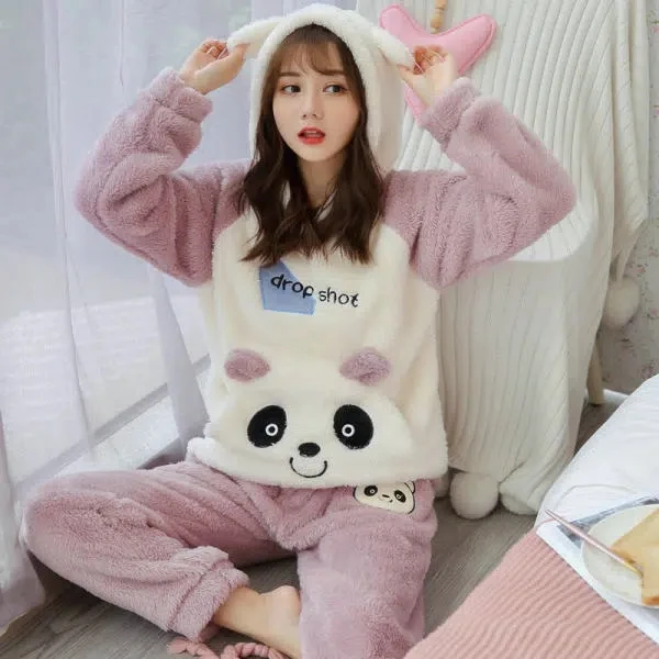 Velvet Pajama Woman Winter Kawaii Pajamas Set Women Pyjamas Plaid Flannel Sleepwear Girl Pijama Mujer Night Suits Homewear