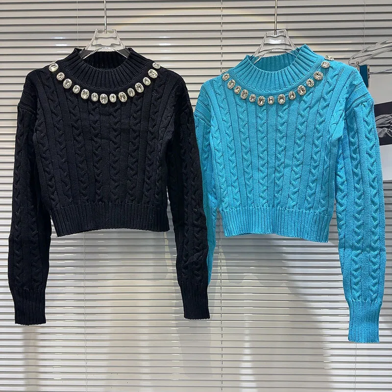 Exquisite Rhinestone Slim Fit Pullover Short Knitted Sweater for Women 2023 New Slim Fit Winter Cropped Top Female Blue Sweaters