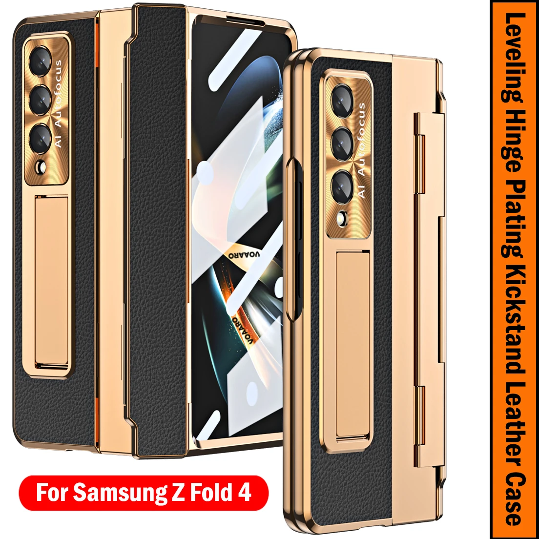 Plating Leather Stand Cover for Samsung Galaxy Z Fold 5 Leveling Hinge Protection Case Holder Funda with Front Screen Glass Film