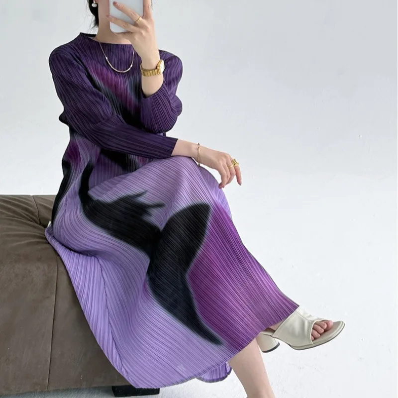 Miyake novo estilo francês vestidos femininos de manga comprida elegante temperamento impresso plissado emagrecimento cabido longo vestido de camadas