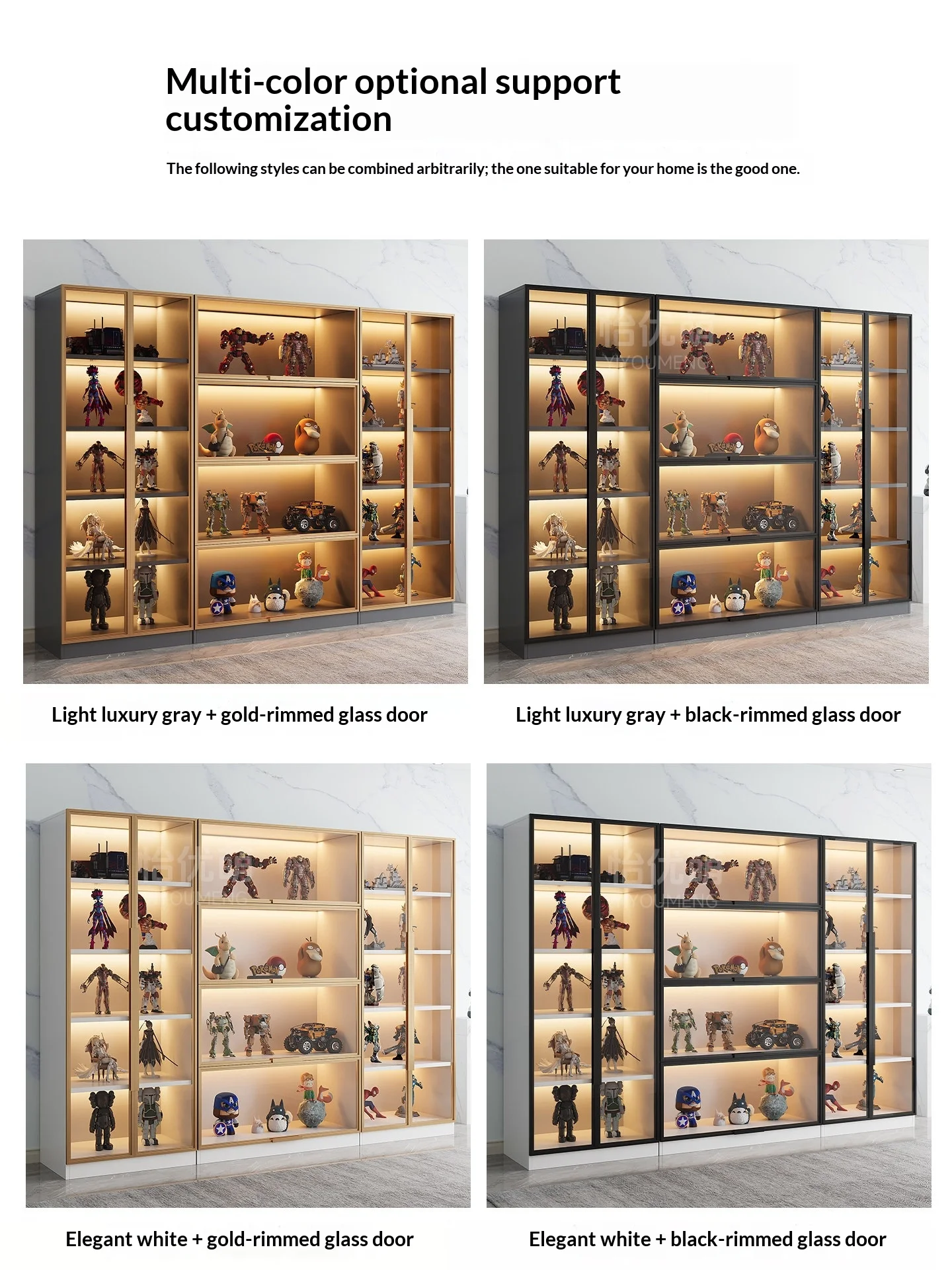 Anpassbare Figuren-Vitrine mit Gehärteter Glastür, LED-Beleuchtung, Großer Kapazität, Mehrschichtiger Aufbewahrung, Aluminiumrahmen, Öko-Living