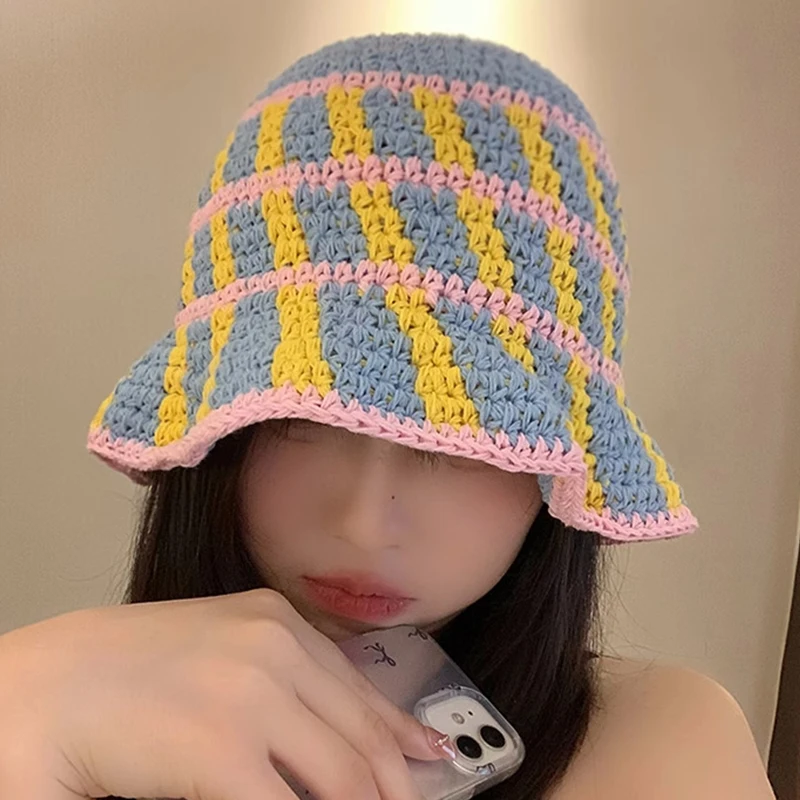 Handmade Stripe Crochet Knitted Bucket Hat Thermal Tub Hat  Vintage Cold Cap Spring Autumn Wool Basin Hat Y2K