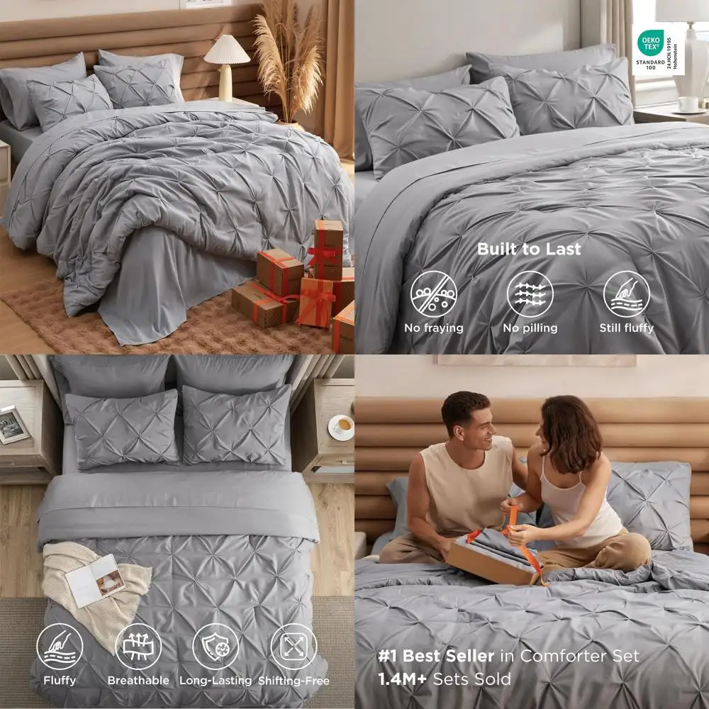 

Grey Cal King Comforter Set - 7-Piece Bedding with Pinch Pleat Comforter, Sheets, Pillowcases, and Shams
