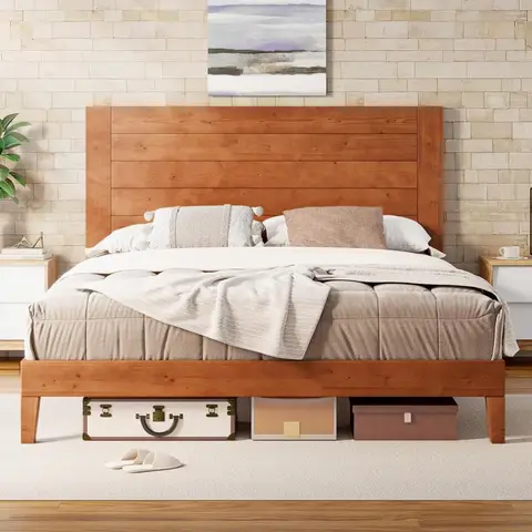 amerlife queen struttura letto in legno massello, letto con piattaforma in legno con testiera da 48", struttura letto moderna metà secolo, doghe in legno e metallo su