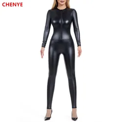 Seamless Leather Shapewear Bodysuit Women's Metallic Zip Front Mock Neck Catsuit Costume Ladies Elastic Jumpsuit Costume Shapers