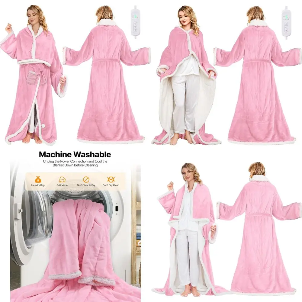 

Wearable Flannel Sherpa Blanket with 8 Heat Levels, Foot Pockets, and Timer - Pink 50x70 Throw for Home & Office