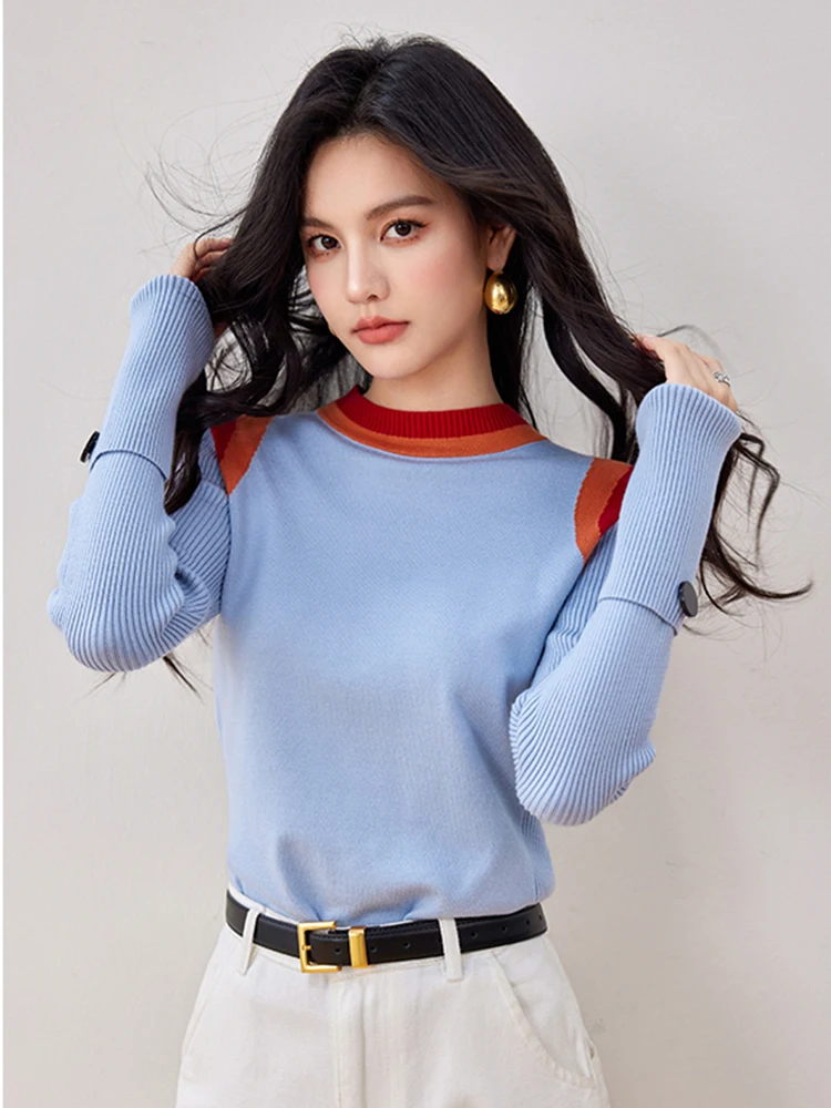 French Style Retro Blue Sweater Women Autumn New Fashion Design Sense Niche O-Neck Long Sleeve Knitted Tops Chic Slim Fit Tops