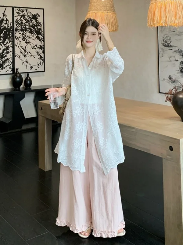 

Lace Embroidery Long Sleeve Open Cardigan Loose Fit Breathable Lightweight Summer New Style Air Conditioner Shirt Women's Blouse
