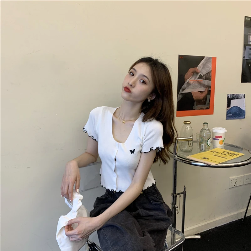 夏の新作カーディガン レディース シック ポリエステル プリント カジュアル ハイウエスト スリム 韓国風 Oネック ボタン ニット クロップドカーディガン