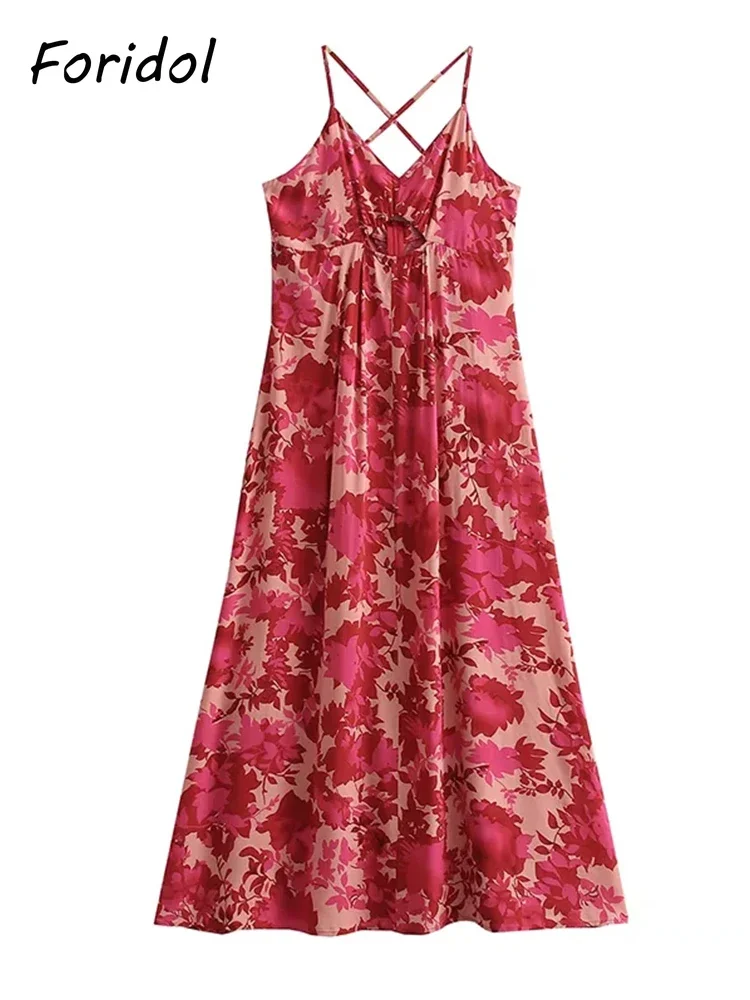 Spaghetti Strap Backless Rayon Women Red Dress Cotton Sleeveless Floral Maxi Dress Hollow Out A-line Long Boho Beach Dress 2024