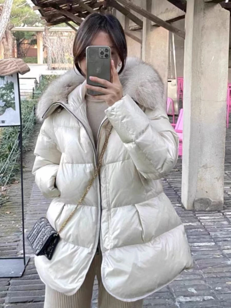 冬用ダウンジャケット レディース 本物のフォックスファー付きフード 厚手 90% ホワイトダックダウンコート パーカー 防水 レディース スリム ショート JJ1118
