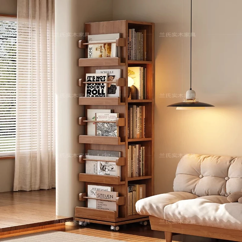 LH1 solid wood rotating bookshelf integrated against the wall removable living room corner small narrow cabinet