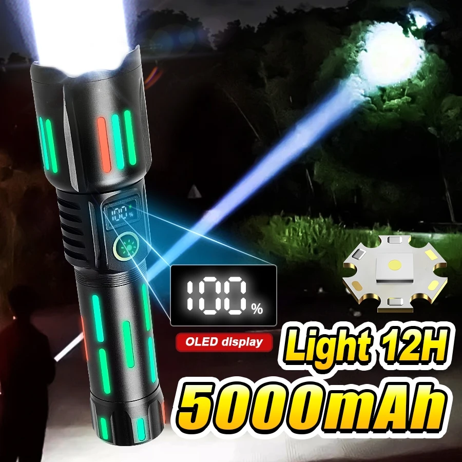 Alloy Ultra Powerful Flashlight 5000mAh Rechargeable High Power LED Flashlight Lighting 1200M Zoom Torch with Fluorescence