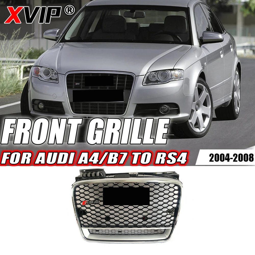 

XVIP RS4 Style Chrome Silver With Chrome Ring Front Bumper Grille With Quattro Fit For Audi A4 B7 2004-2008 Upper Grille