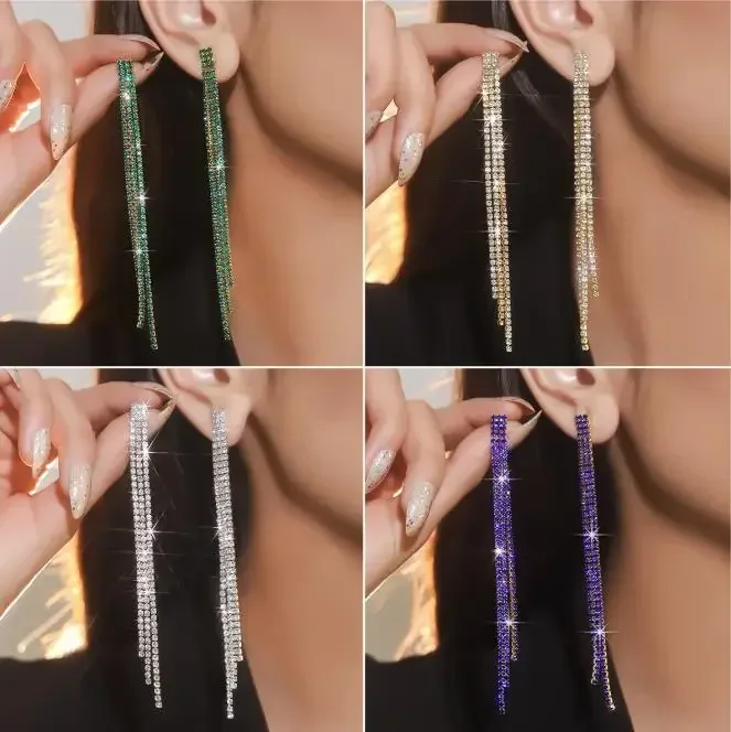 FYUAN Lange Quaste Strass Tropfen Ohrringe für Frauen Grün Blau Gold Silber Farbe Kristall Baumeln Ohrring Party Hochzeit Schmuck