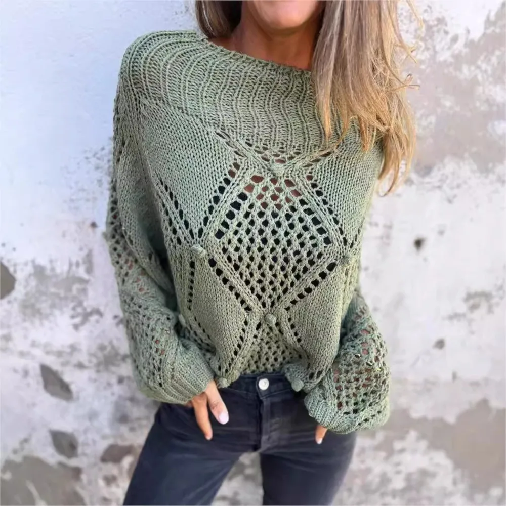 

Fashion Knitted Hollowed Out Long-sleeved O Neck Women Top Autumn Winter Casual Loose Versatile Elegant Female Pullover Sweater