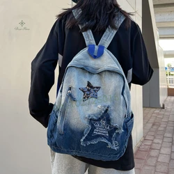 Y2K Korean Casual Denim Backpack Fashion Star Pattern Large Capacity Student Schoolbag Teenagers Punk Travel Vintage Book Bag