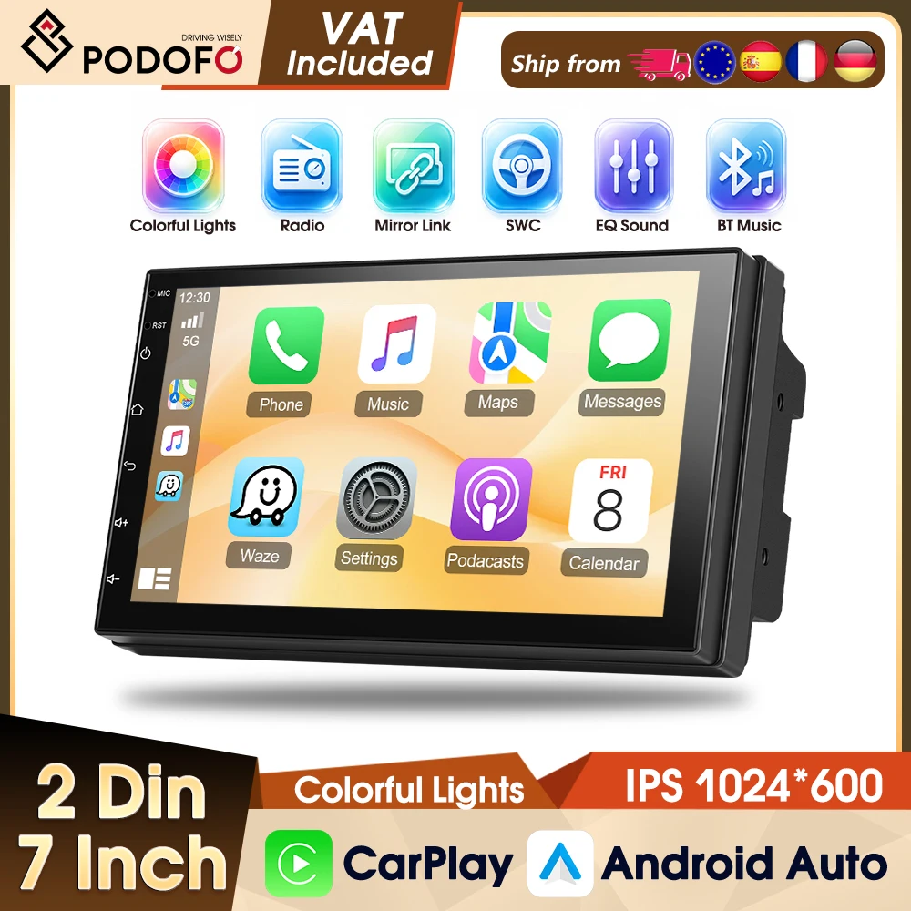 Podofo 7" Universelles Auto-MP5-Gerät mit Kabellosem CarPlay, Android Auto, Autoradio, Stereo, Bluetooth, FM-Radio, USB, EQ, Intelligenten Smart-Systemen