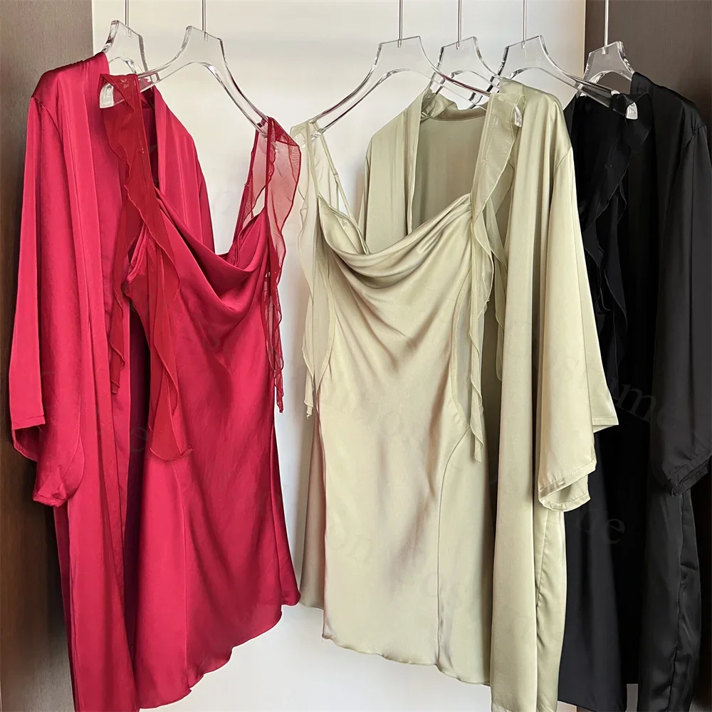 

Ночная рубашка на бретельках с кисточками, женская элегантная домашняя рубашка, 2 шт., ночная рубашка и халат, костюм из мягкого ледяного шелка, однотонный халат, костюм