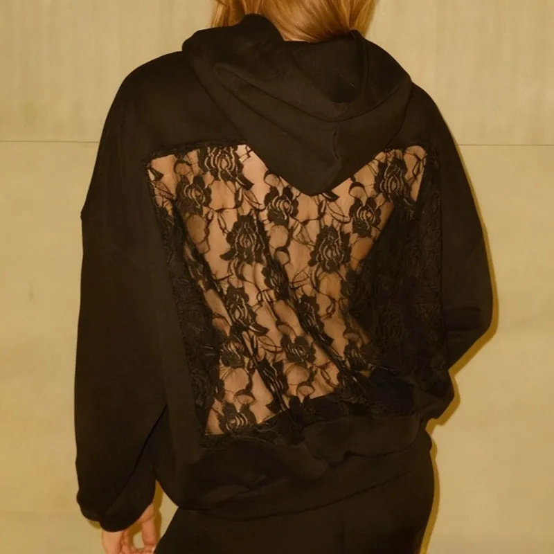 

Autumn Winter Fashion Street Style Women's Hooded Sweatshirt Solid Color Sexy Lace Stitching Backless Hollow Loose Sweatshirt