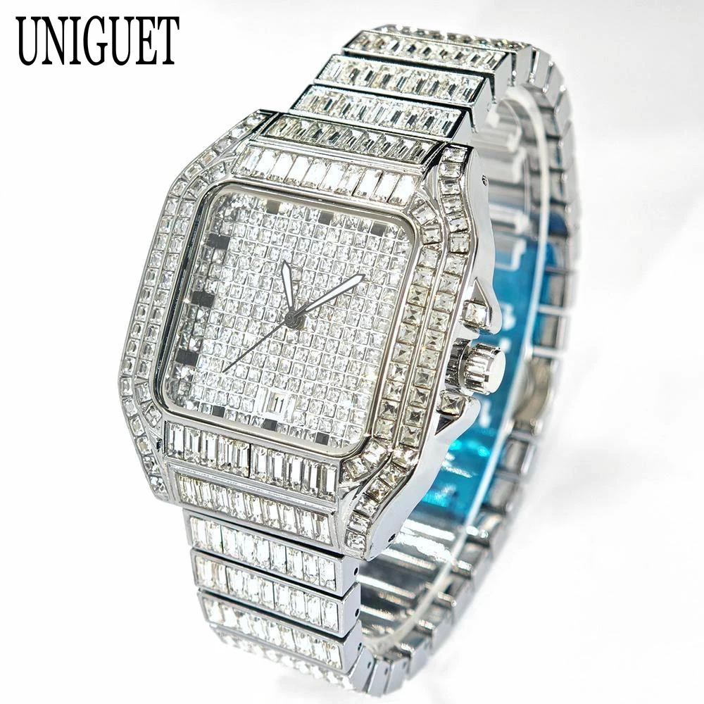 ساعة عصرية على شكل ثلج وردي للرجال فاخرة من الفولاذ المقاوم للصدأ ساعات كوارتز مربعة للرجال هيب هوب مستطيلة الماس AAA ساعة يد مجوهرات