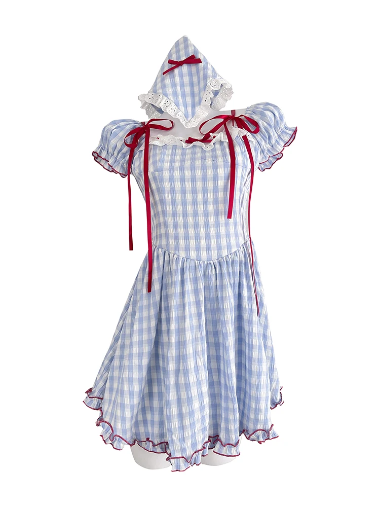 Summer Korean Plaid Mori Girl Vintage Mini 2000s Aesthetic Dress Women Ballet Core Frocks One-Piece Cute Party Fairy Sweet Lace