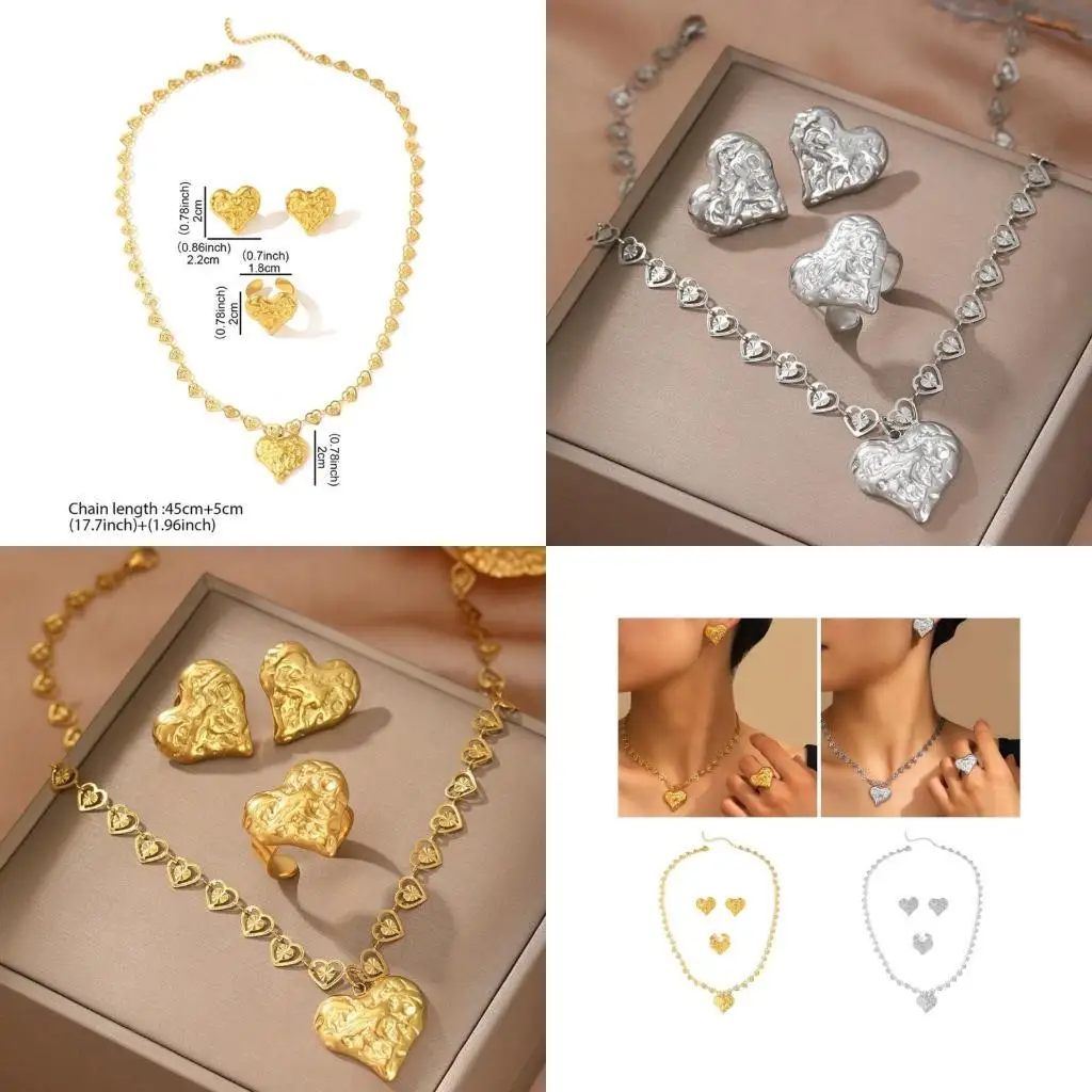31BB Retro Sandstone Texture Irregular Heart Jewelry Set Including Earrings Rings Necklace for Fashionable Women Ladies