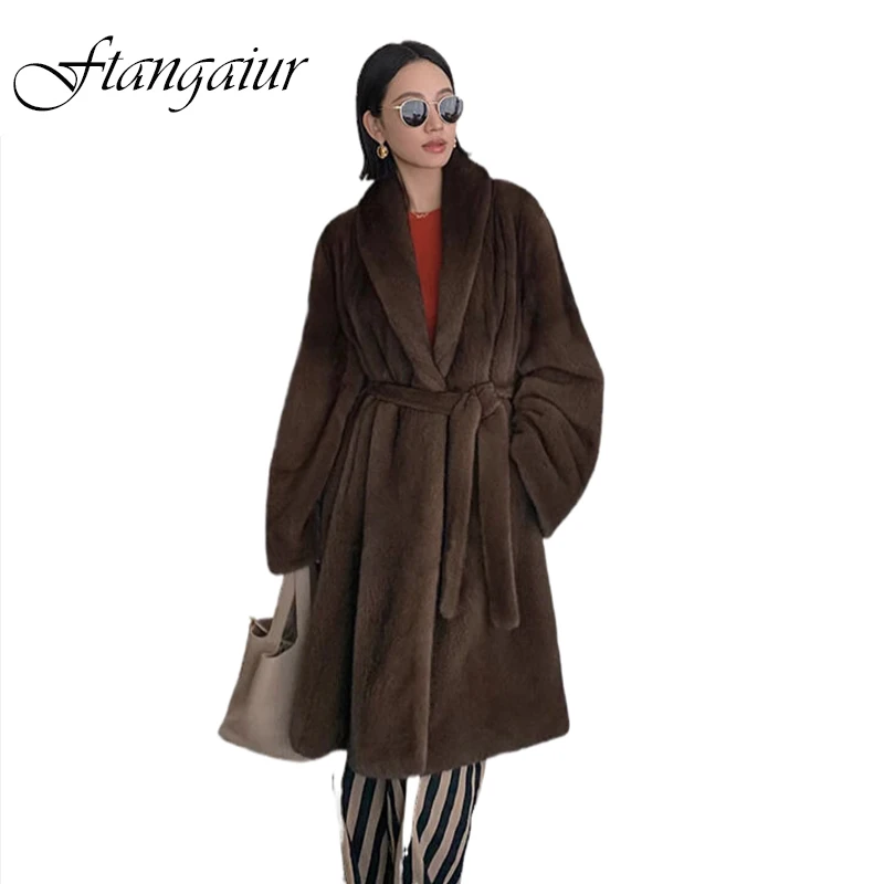Ftangaiur-abrigo de invierno para mujer, abrigo de piel de visón de terciopelo de cisne importado, albornoz con cuello vuelto, abrigos de piel de visón auténtica