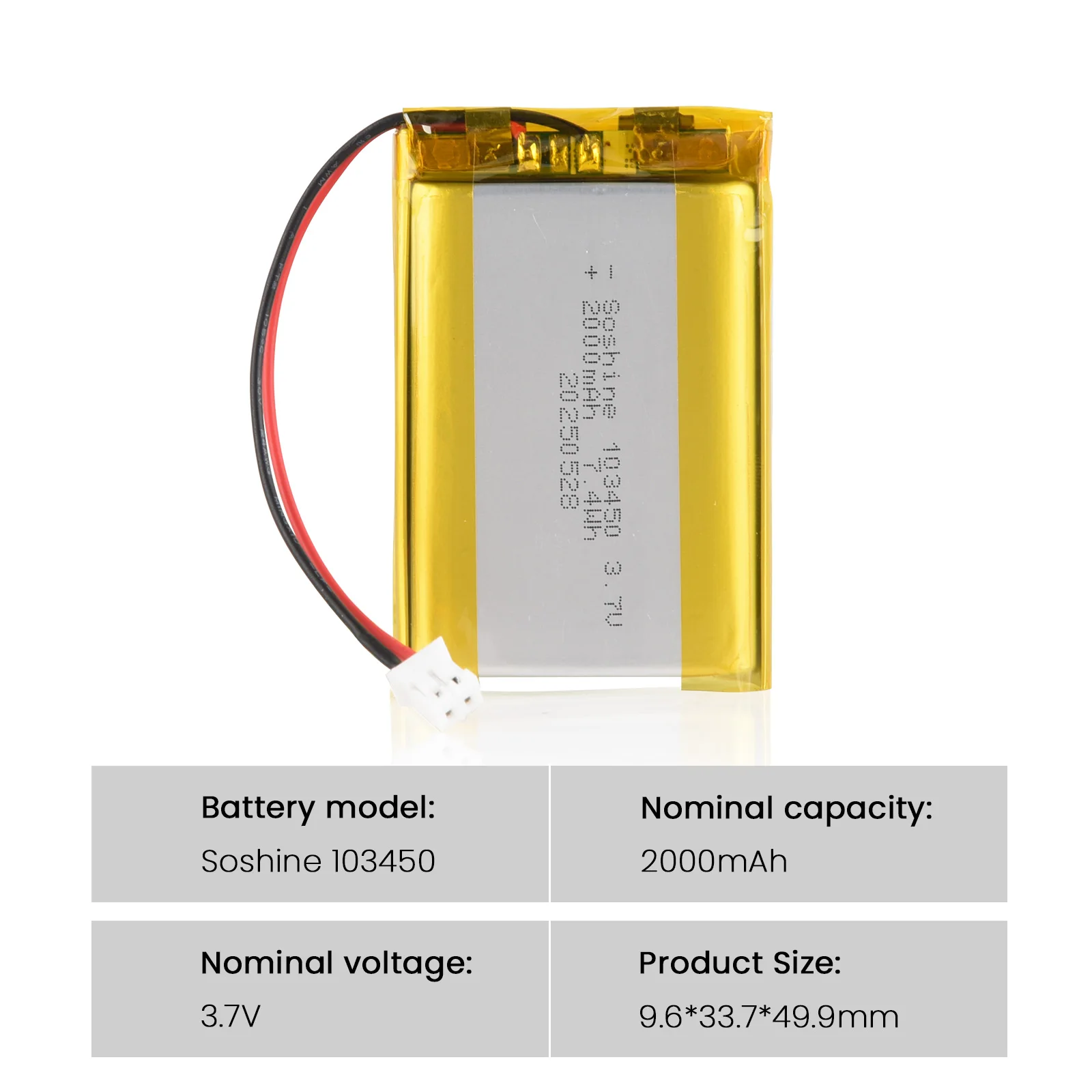 103450 3.7V 2000mAh Polymer Lithium Rechargeable Battery JST PH 2.0mm 2Pin Plug for Camera GPS Navigator MP5 Bluetooth Headset