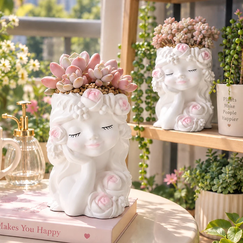 Ins Style Closed Eye Fairy Head Flower Pot Resin ABS Succulent Planter Pink Rose Decor Desktop Garden Tabletop Art Ornament Gift