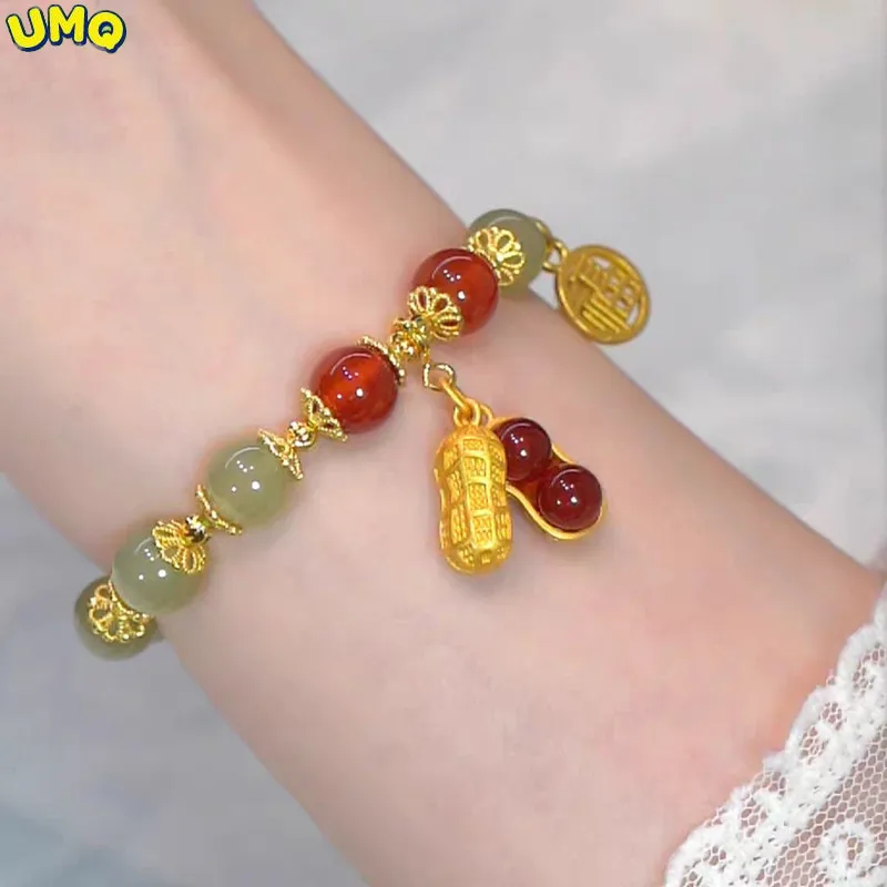 Natura Hotan Jade Vermilion Hand String for Women Good Deed Peanut Bracelet for Girls Red Agate Gift for Women's Day Amulet