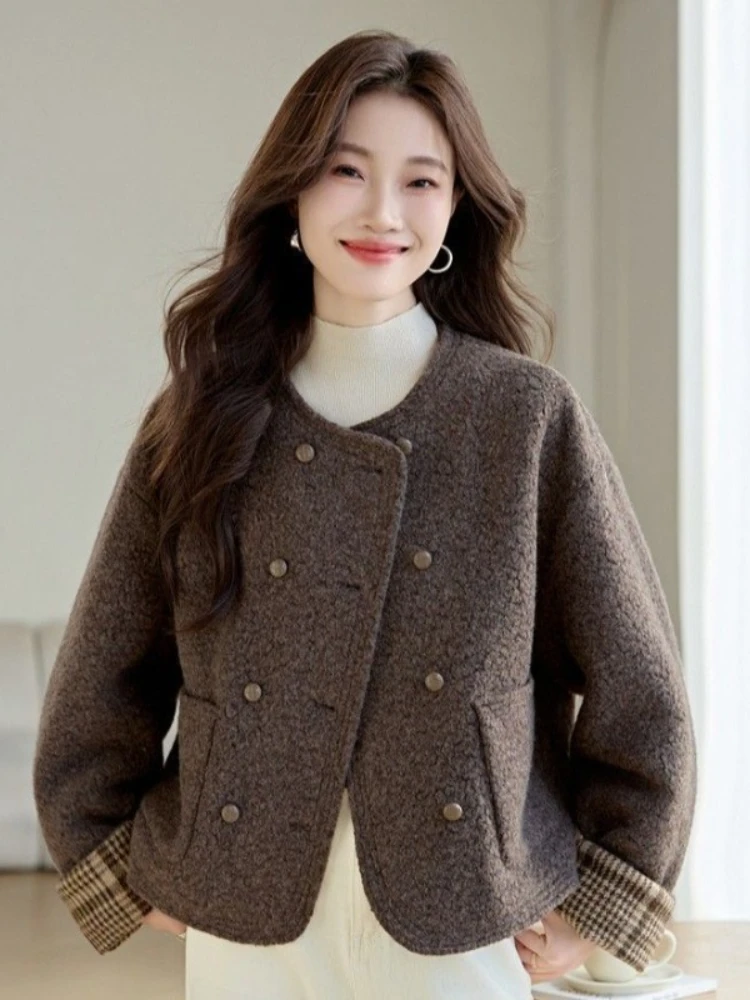 2026 Fashion Double-faced Fleece Short Cotton-padded Jacket Women's Thicken Woolen Coat Winter O-neck Double-breasted Outerwear