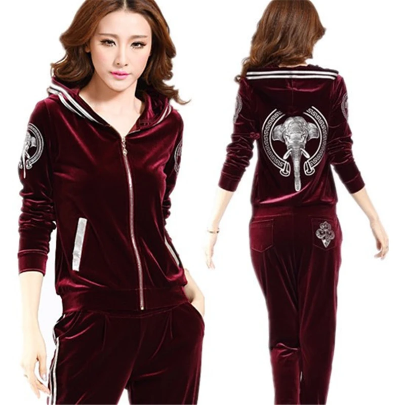 Korean Print Velvet 2 Piece Set Casual Hooded Women Outfit Harem Pant Suits Tracksuit Velour Jogging Femme Spring Fall Conjuntos