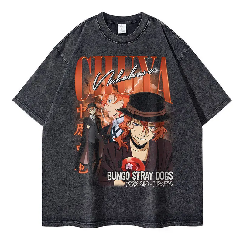 Nakahara Chuuya T-shirt Vintage Washed Anime T Shirts Oversized Streetwear Dazai Osamu Atsushi Retro Tops Tees Men 100% Cotton