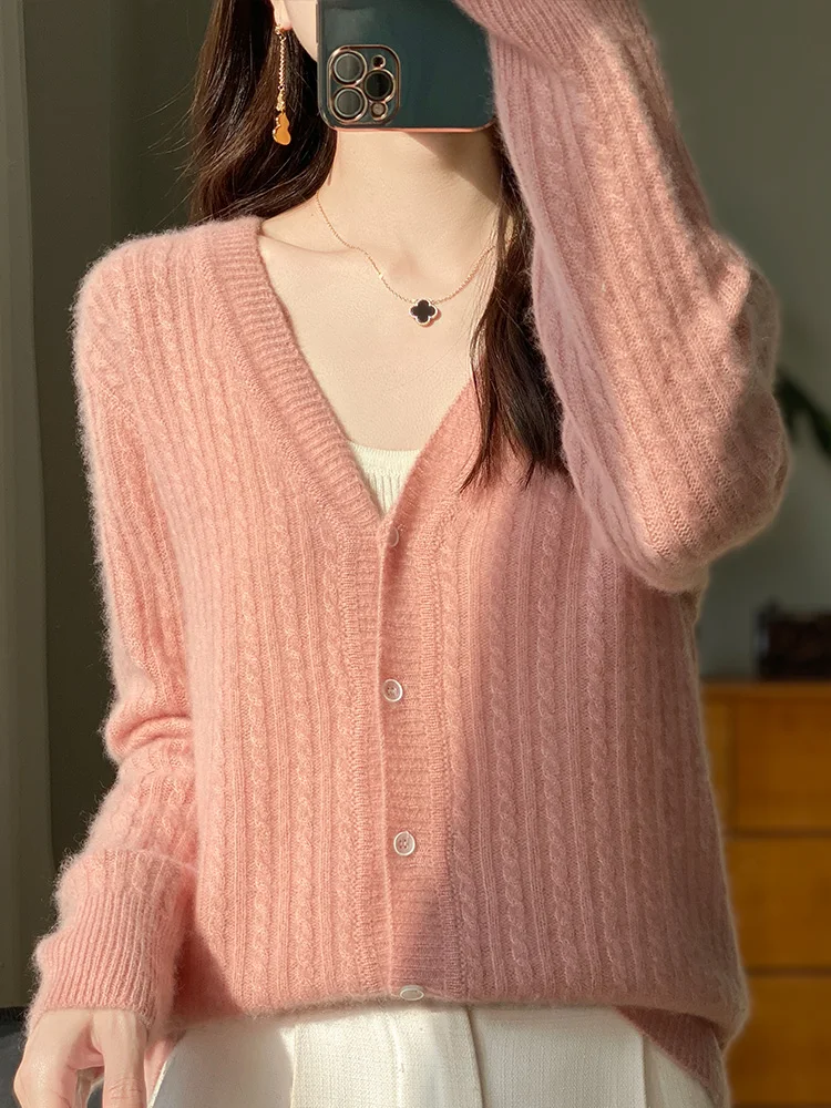 Cashmere Knitted 100% Merino Wool Fashion Long sleeved Top V-neck Cardigan Sweater Spring New Release