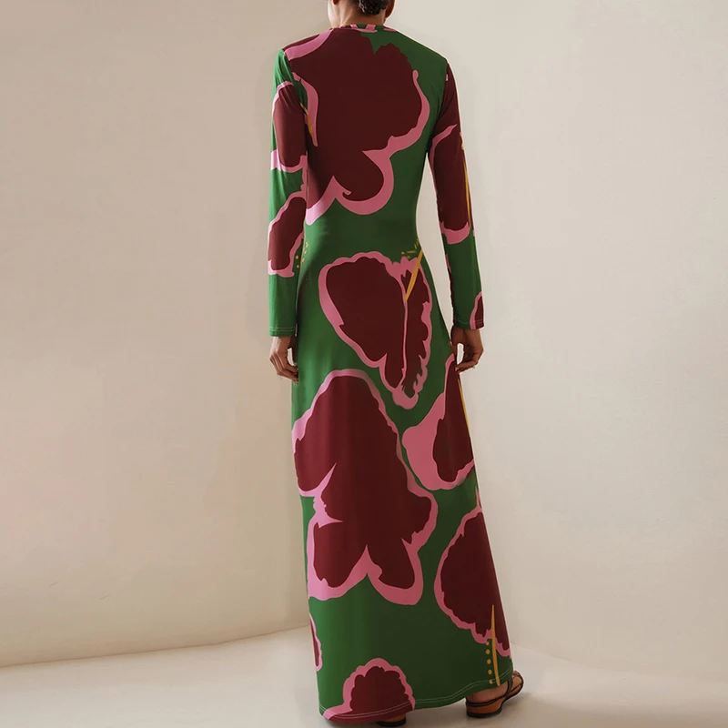 Vestido largo ajustado de manga larga con cuello redondo para mujer, vestido informal de fiesta bohe con temperamento, vestido de bata de cintura alta con estampado Floral a la moda