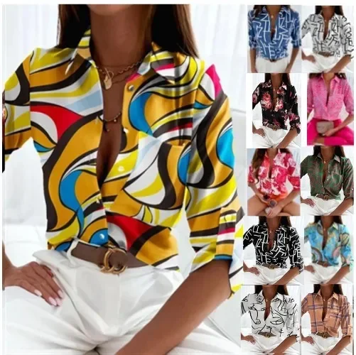 

Women Spring Summer Shirt Blouse Printing Color Turndoown Collar Button Short Sleeves Casual Fashion Elegant Comfortable Regular