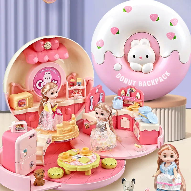 Cute Dollhouse Miniature Simulation House Knapsack Cooking Educational Playset With Play Puzzle Dollhouse Children New