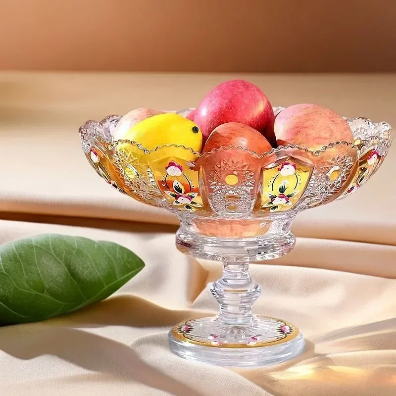 Light luxury retro European sunflower pattern high-end series fruit plate, glass high-footed dried fruit snack plate