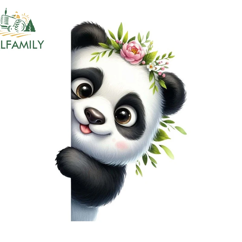 EARLFAMILY Flower Crown Panda Car Stickers Cute Peeking Animal Decal Weatherproof Vinyl Art Car Window Rearview Mirror