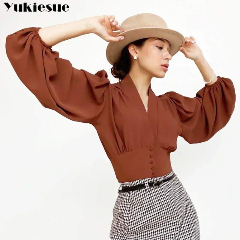 Long Sleeve Blouse Shirt Women Top V Neck Button Up Vintage Blouse Women Shirts Blusas Ladies Spring Autumn Elegant Sexy Lantern