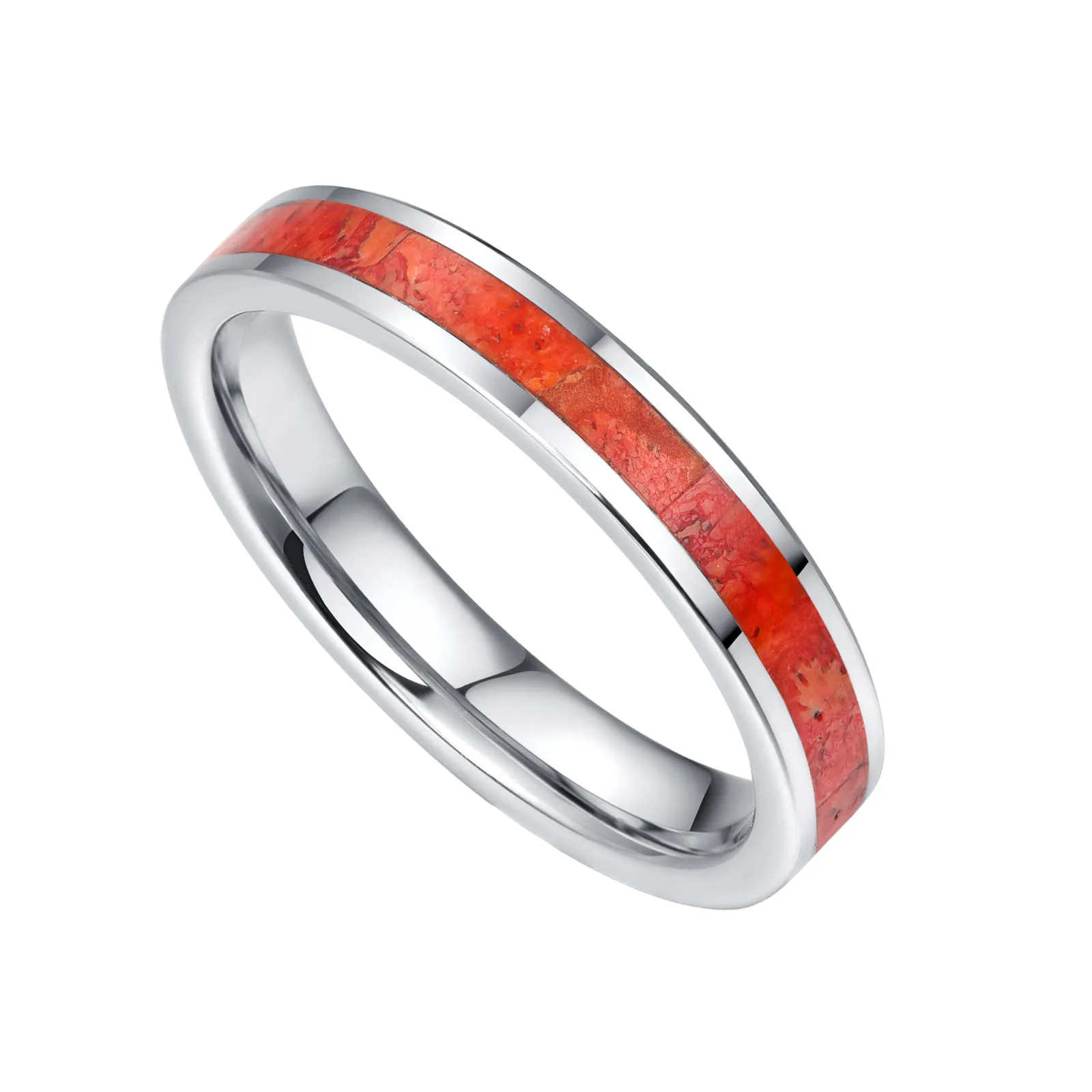 Nuncad 4mm 8mm Tungsten Carbide Steel Ring Falt Steel Brushed Inlaid  Red Grass Coral Ring For Men Fashion Jewelry